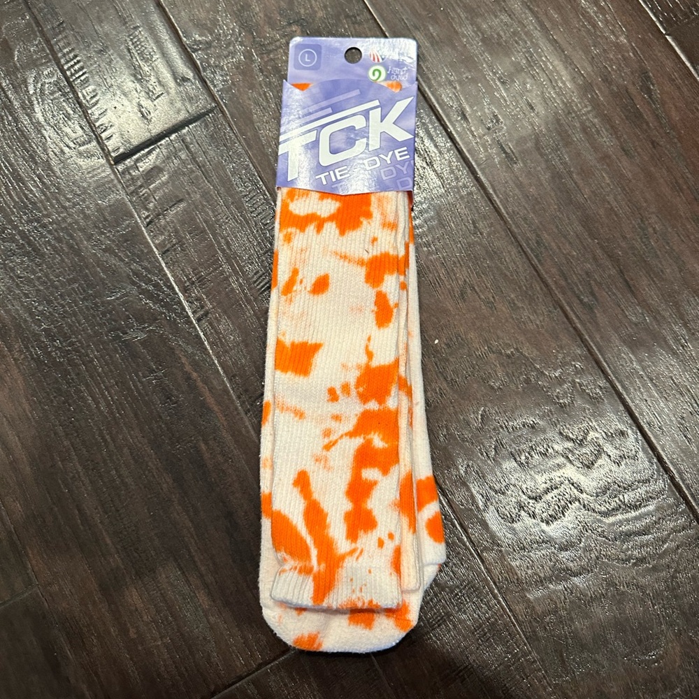 1 pair TCK Tie Dye Adult Sz L Orange White USA Made Multisport Tube Socks